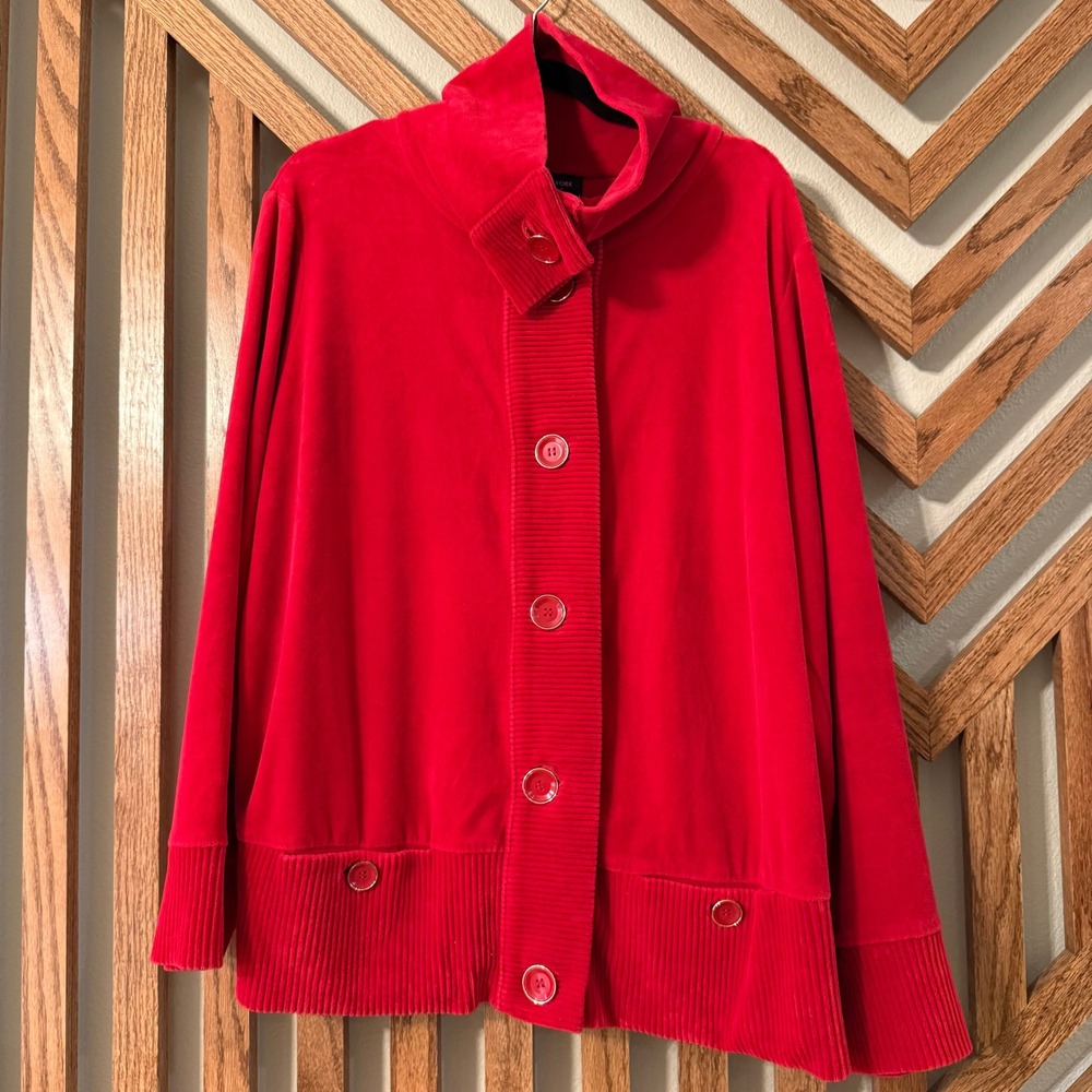 Y2K Jones New York 2X Red Velour Cardigan Jacket Button Front Plus Size